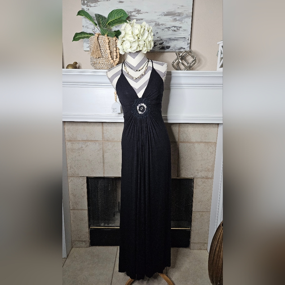 Sky Black Halter Maxi Gown with Embroidered Waist M